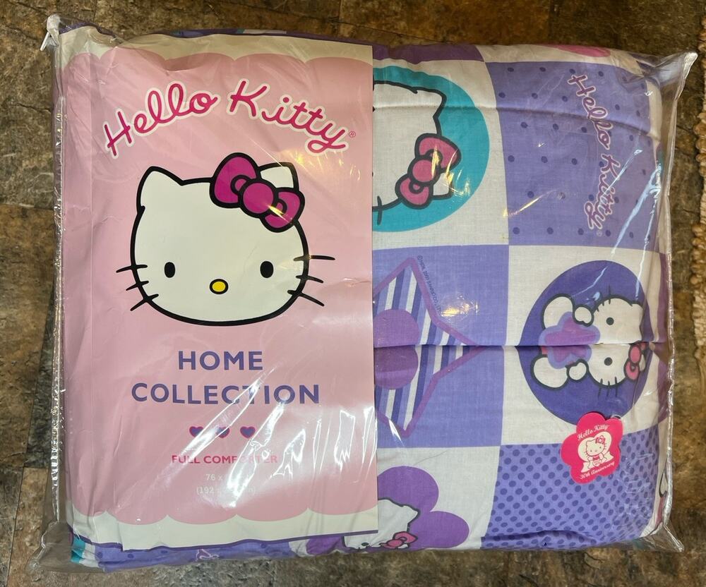 Y2K Hello Kitty Patchwork Stripe Reversible Comforter Sheets Pillowcase Set